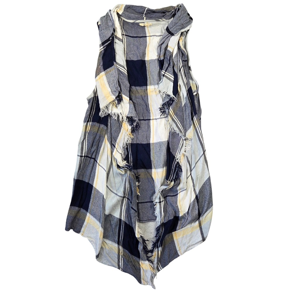 Maurices Womens L/XL Plaid Draped Open Front Vest Navy Rayon Boho Western Casual
